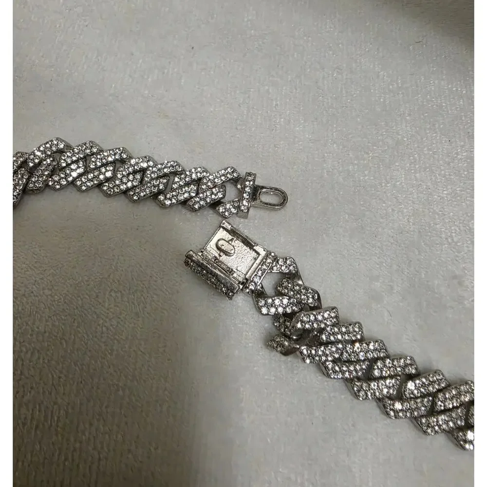 Iced Out Cuban Link Chain Necklace Silver Tone Rhinestone Choker